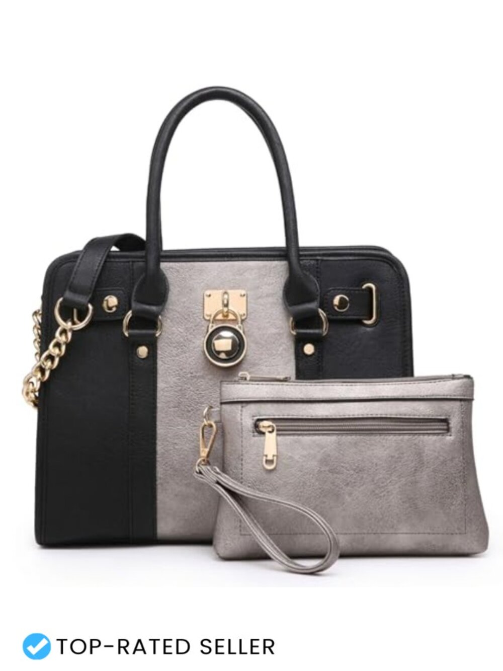 Vegan PU Leather Satchel Handbag with Wristlet - Two Tone Floral Tote